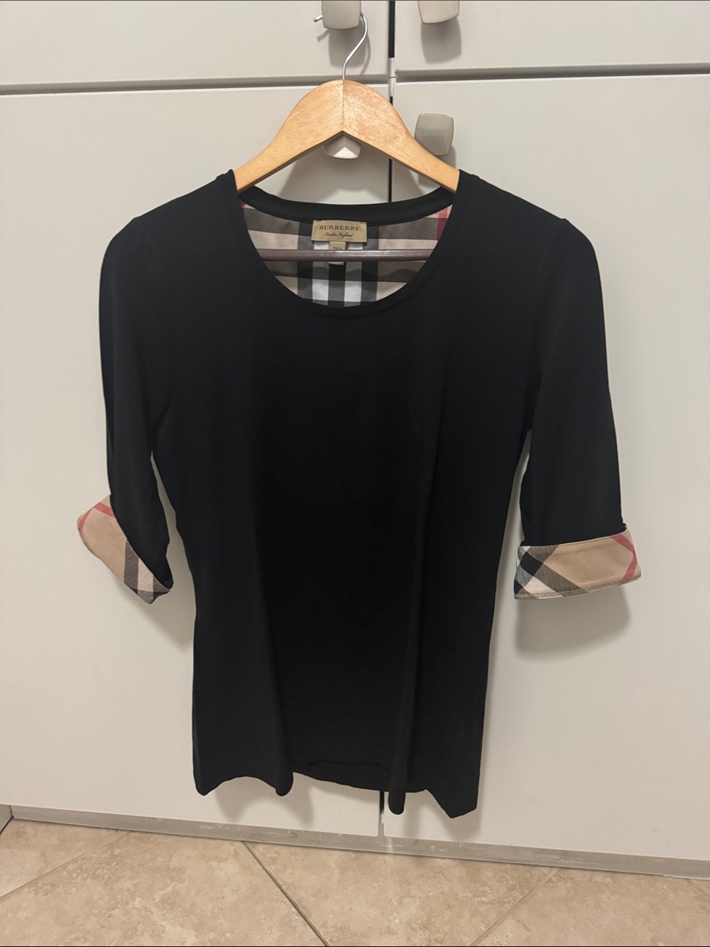 Burberry Black Short Sleeve Tee with Iconic Check Cuff and Neck Trim